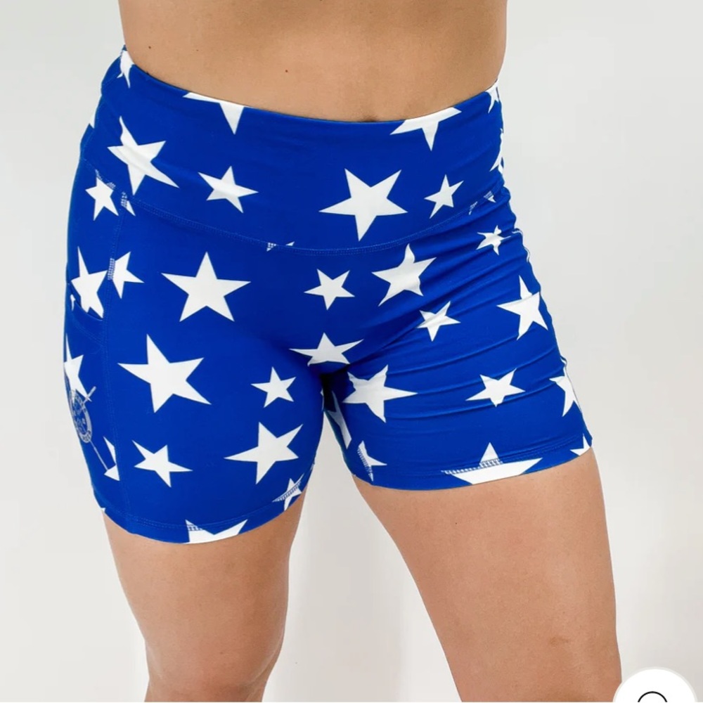Womens’s high rise 4” inseam shorts Barbells and Pizza